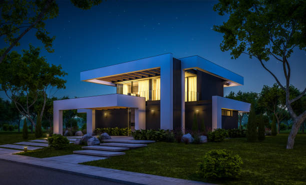 3d rendering of modern cozy house with pool and parking for sale or rent in luxurious style and beautiful landscaping on background. Clear summer night with many stars on the sky.