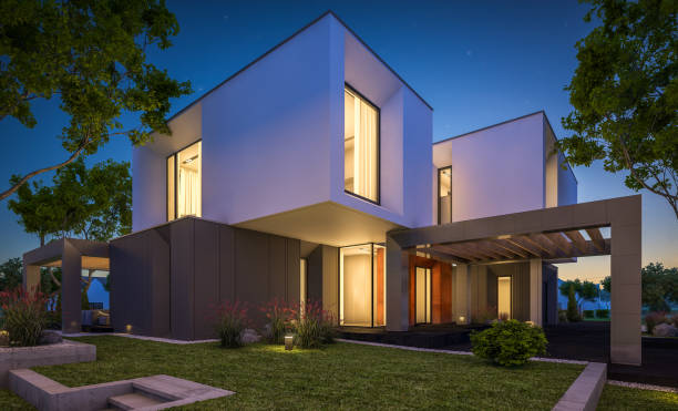 3d rendering of modern cozy house in the garden with garage for sale or rent with beautiful pool in the yard. Clear summer night with stars on the sky. Cozy warm light from window.